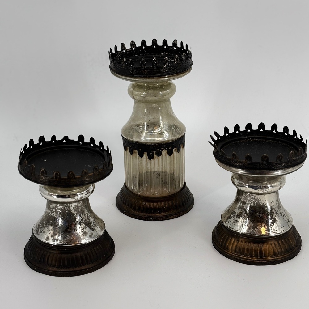 Pottery Barn Candle Holder Set Silver Mercury Glass‎ Vintage Metal 3pc